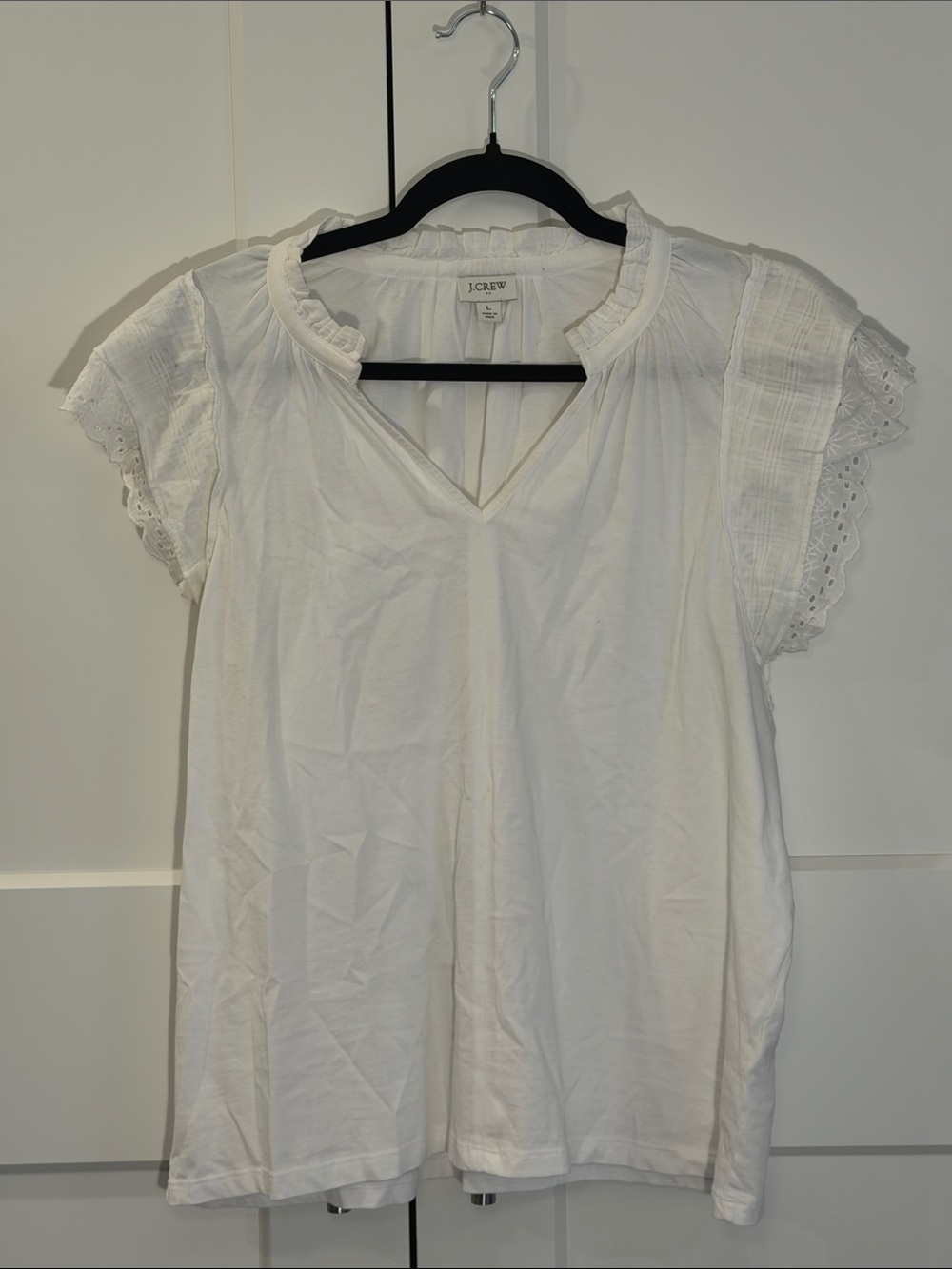 J. Crew White Eyelet Flutter Sleeve V-Neck Top